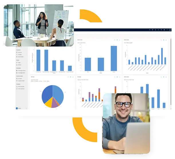 There is a collage of images showing people having a meeting and an individual man with a laptop and an image of an ERP Dashboard. There is a collage of images showing people having a meeting and an individual man with a laptop and an image of an ERP Dashboard.