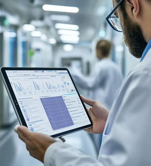 Collage of 2 images. First image is of 2 professionals standing and looking into a tablet. Second image is of multiple professionals working on their machines. Collage of 2 images. First image is of 2 professionals standing and looking into a tablet. Second image is of multiple professionals working on their machines.