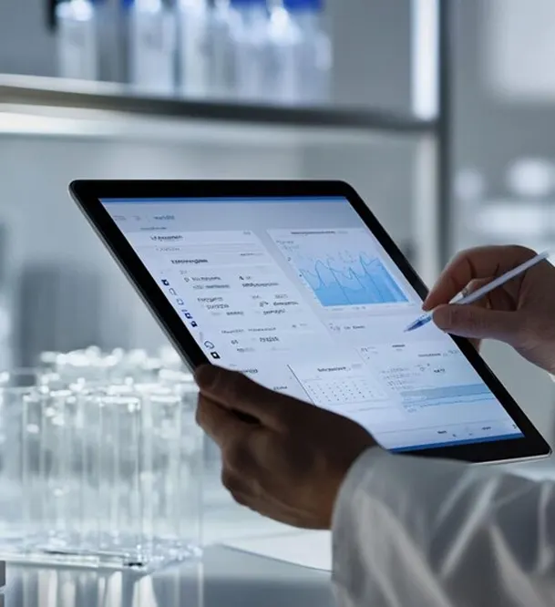 Collage of 2 images. First image is of 2 professionals standing and looking into a tablet. Second image is of multiple professionals working on their machines. Collage of 2 images. First image is of 2 professionals standing and looking into a tablet. Second image is of multiple professionals working on their machines.